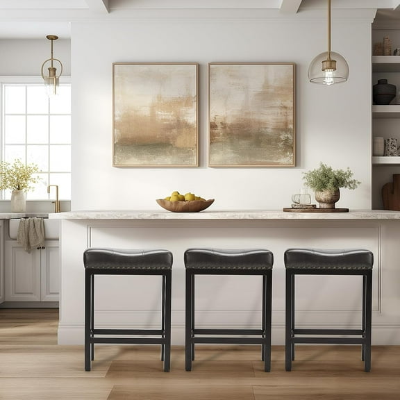 TINKLE WELL Bar Stools Counter Height - 24 Inch Saddle Stools, PU Leather Modern Kitchen Barstools with Metal Base Footrest,Black,Set of 2