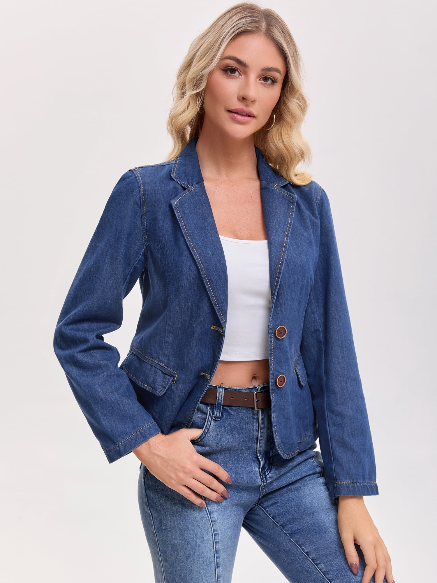 DARING DIVA Women's Notched Lapel Long Sleeve Button Fitted Blazer M Dark Blue