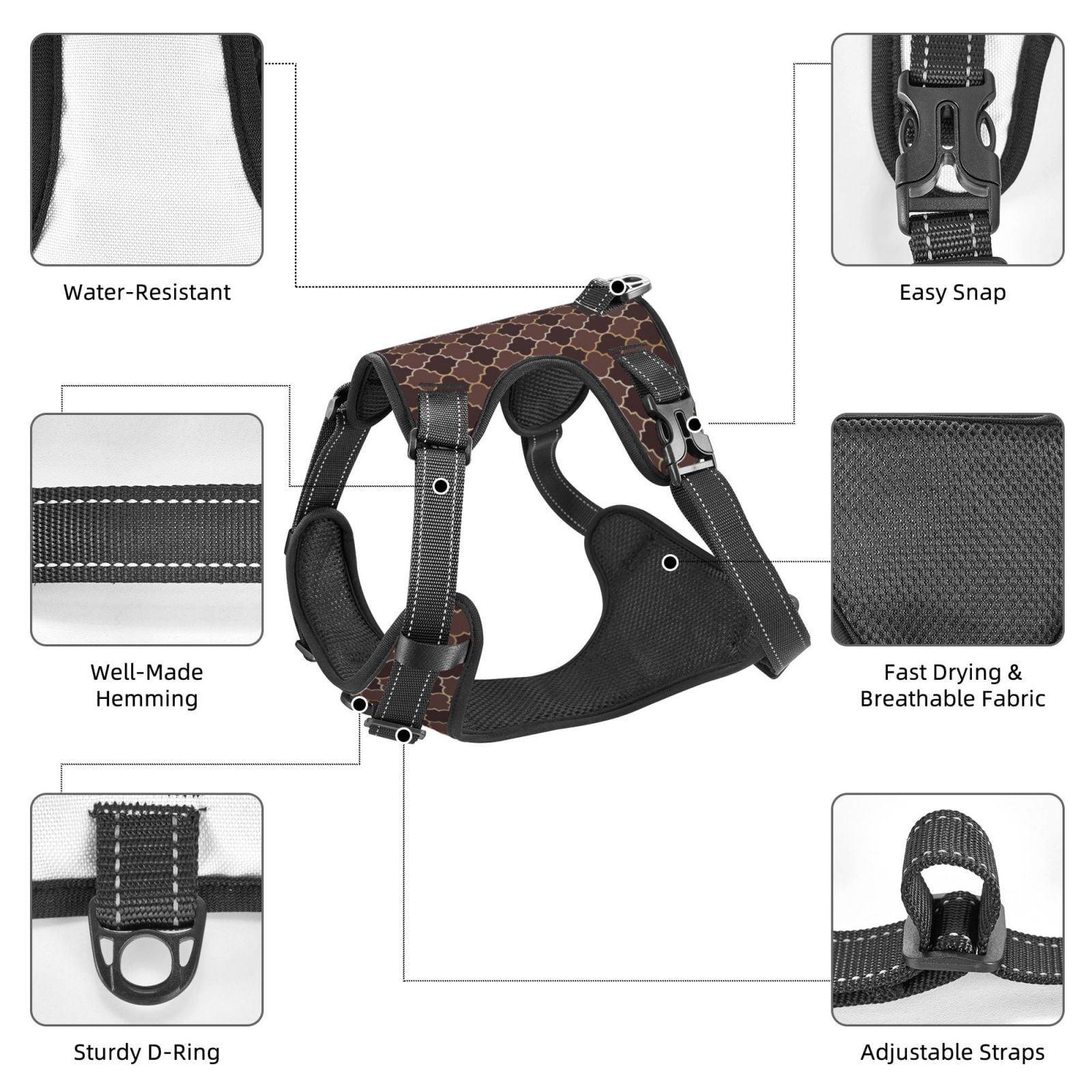 Kdxio Brown Gold Grid Print No Pull Dog Harness Adjustable Reflective Oxford Easy Control Medium Large Dog Harness for Training and Everyday-Small