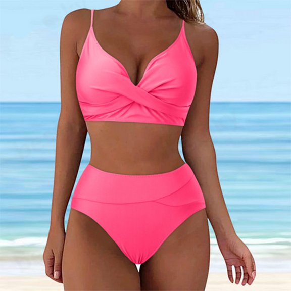 Dxzfnsa Swimsuits for Women Soft Two Piece Solid Color Swimsuits Womens Mid Rise Push-Up Padded V Neck Bathing Suits Casual Tummy Control Beachwear