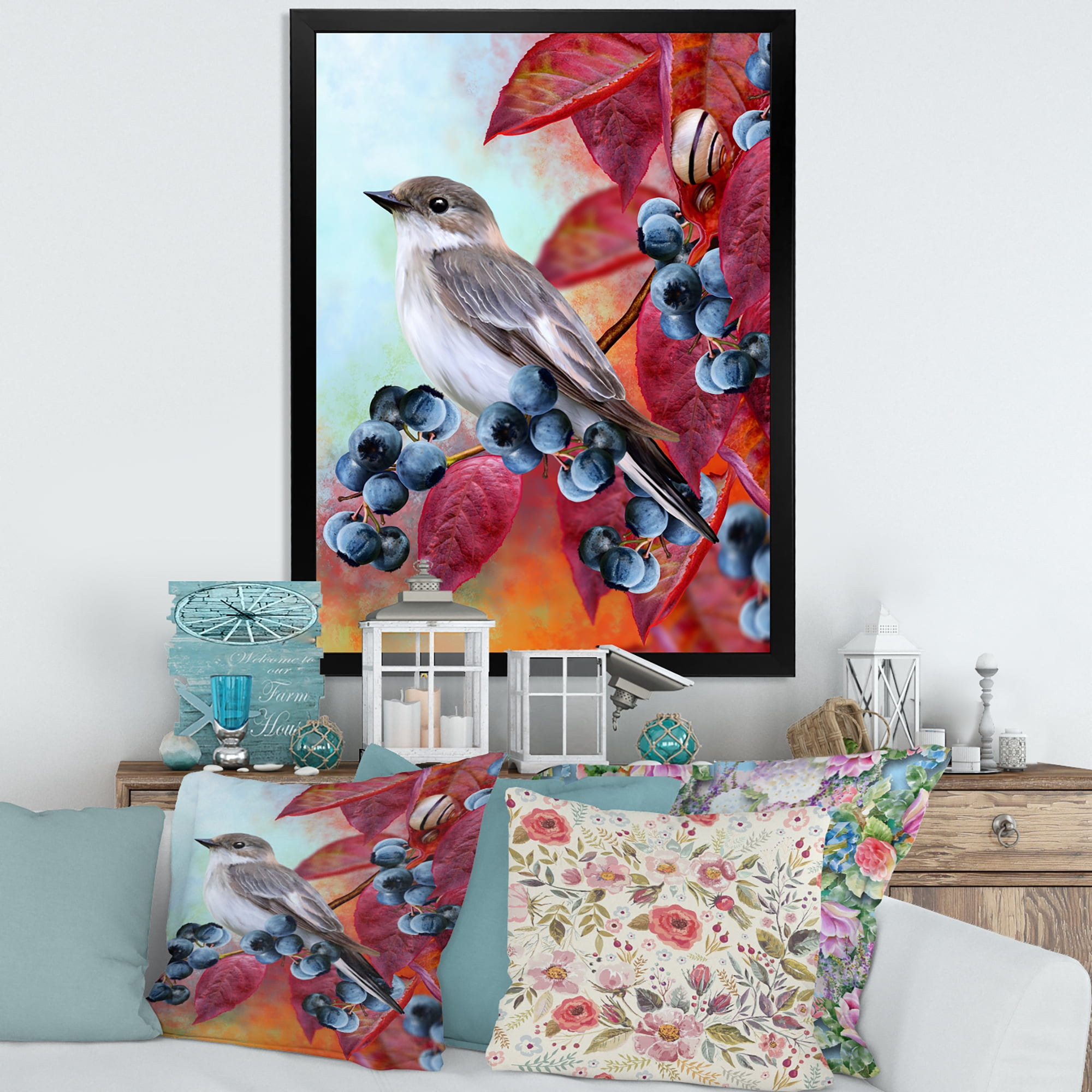 Designart 'Close Up Little Gray Bird On Red Autumn On Blueberry Twig' Traditional Framed Art Print