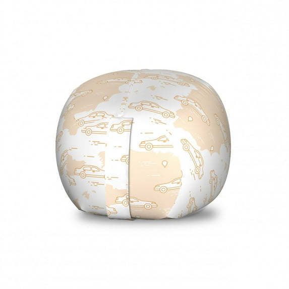 Travel Storage Toy Bag Chair, Touristic Adventure World Trip Themed Abstract Cars and Spain Map Drawing, Stuffed Animal Organizer Washable Bag, Small Size, Pale Peach and White, by Ambesonne
