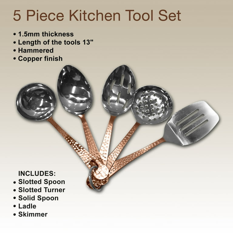 5-Piece Copper Stainless Steel Serving Utensil Set (Spoon, Slotted Spoon, Turner, Ladle and Skimmer) 5-Piece Copper Stainless Steel Serving Utensil Set (Spoon, Slotted Spoon, Turner, Ladle and Skimmer)