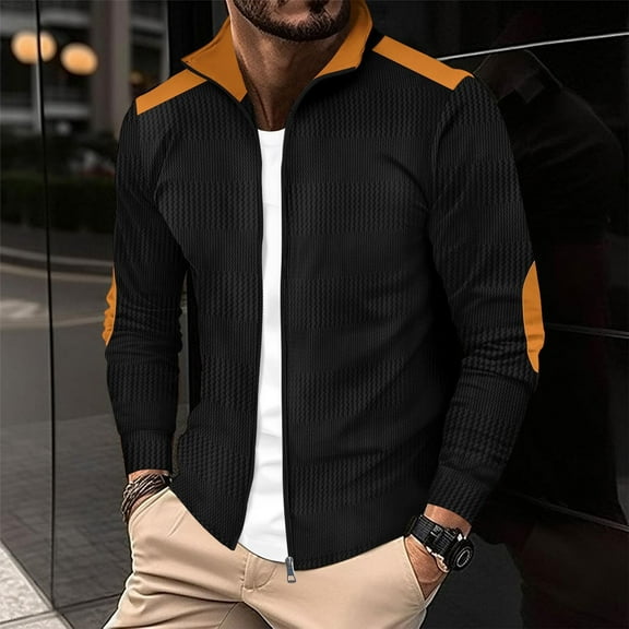 Wancir Casual Cardigan Jacket for Men Jacquard Splicing Elbow Patch Zip Lapel Long Sleeve Coat Fall Thin Slim Sport Outwear