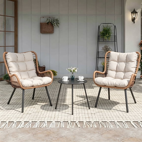 KAMEROUT 3 Piece Outdoor Bistro Set, Rattan Patio Furniture Set with Coffee Table & Beige Cushions for Lawn, Garden, Balcony