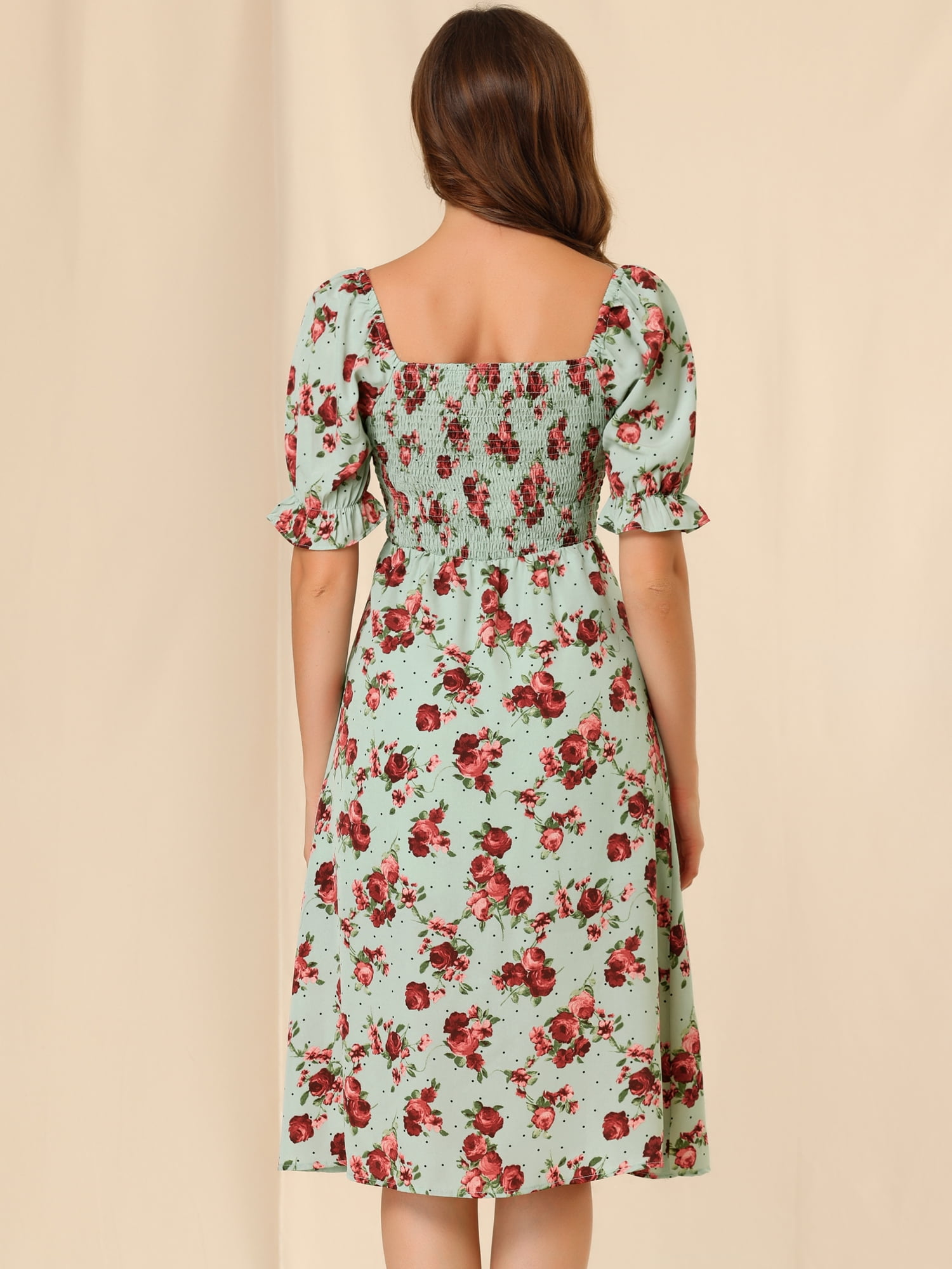 DARING DIVA Square Neck Puff Sleeves Smocked Waist Midi Floral Dres XS Green