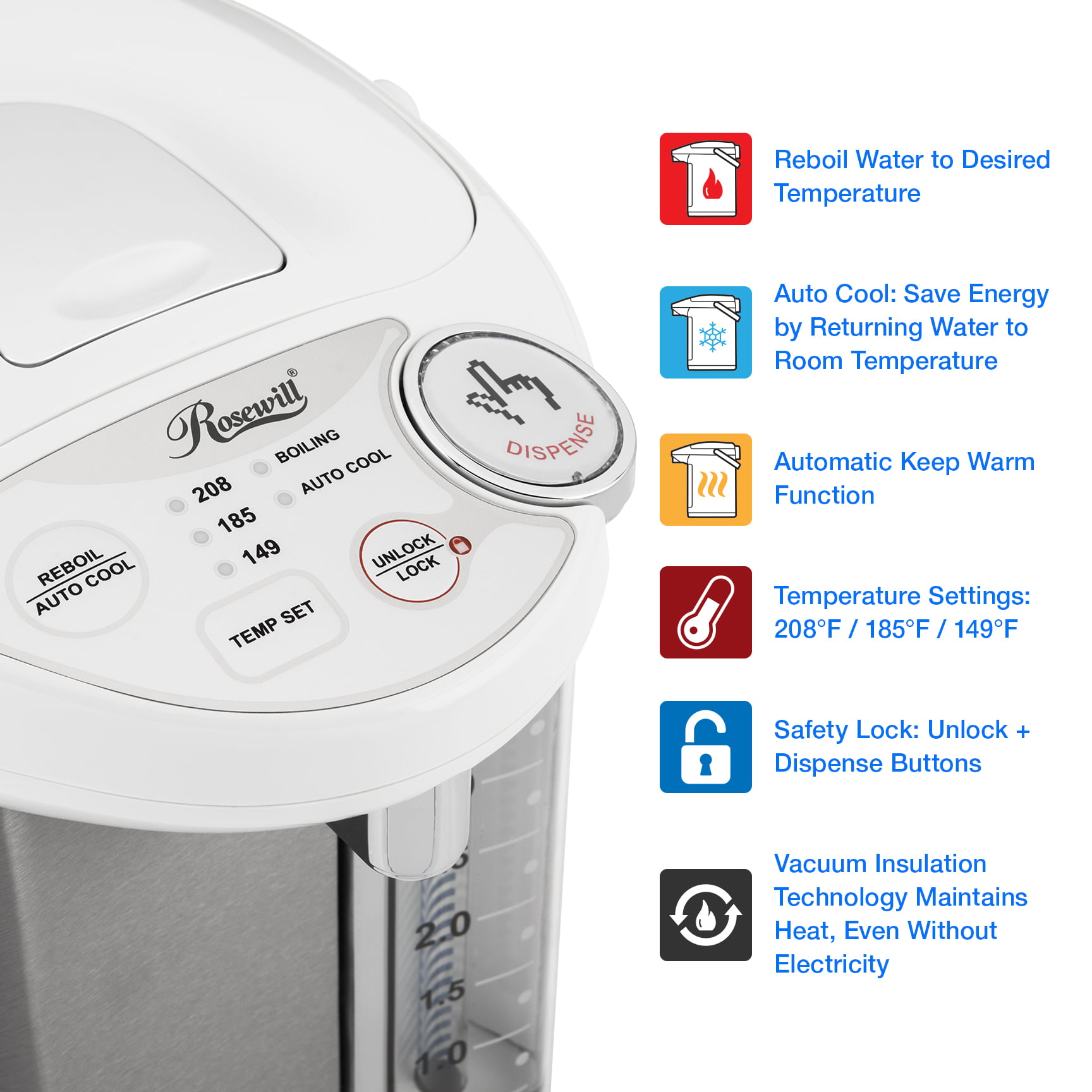 Rosewill 5L Electric Stainless Steel Hot Water Boiler and Warmer, 5 Temp  Settings, 24-Hour Timer, Auto and Manual Dispense, LCD Display, Boil-Dry  Protection, Water Gauge with Backlight - (RHTP-22001) 