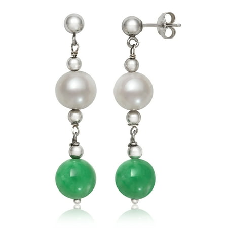 Green Freshwater Pearl Earrings - Cultured Freshwater Pearl and Natural Green Jade Sterling Silver Drop Dangle Earrings