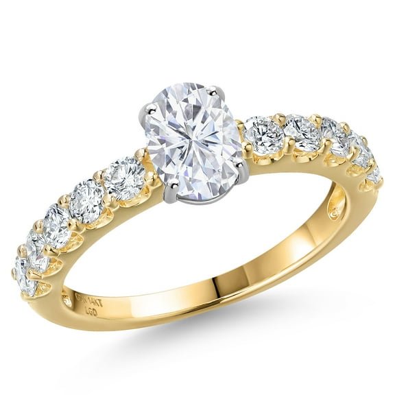 Gem Stone King 14K Two Tone Gold White Moissanite and Lab Grown Diamond Engagement Ring for Women | 1.55 Cttw | Oval 7X5MM | Gemstone Birthstone | Size 5