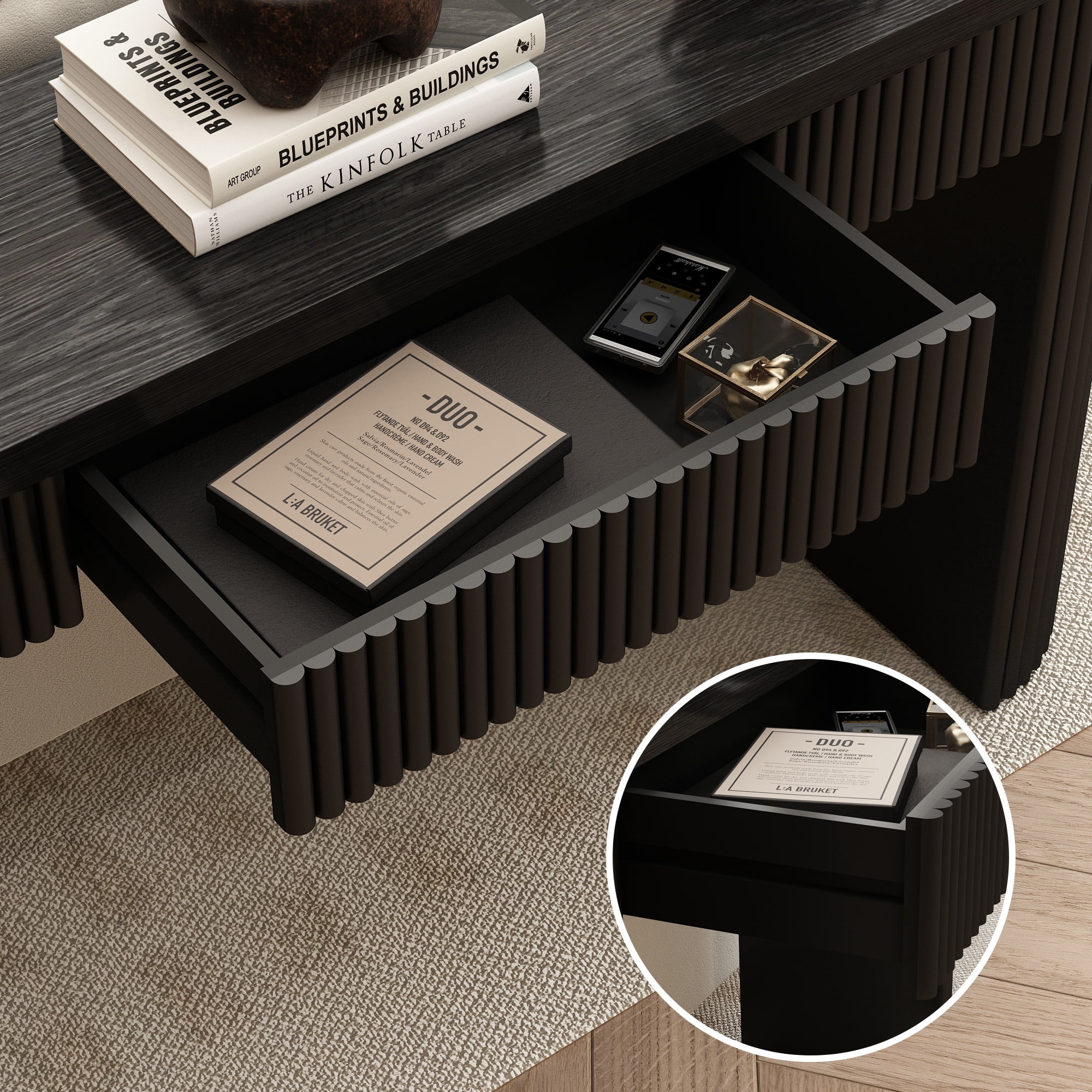 55'' Fluted Wood Console Table with Drawer, Narrow Entryway Table Behind Couch for Living Room Hallway,Black