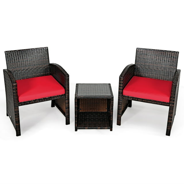 Gymax 3PCS Rattan Patio Conversation Furniture Set Yard Outdoor w/ Red Cushions