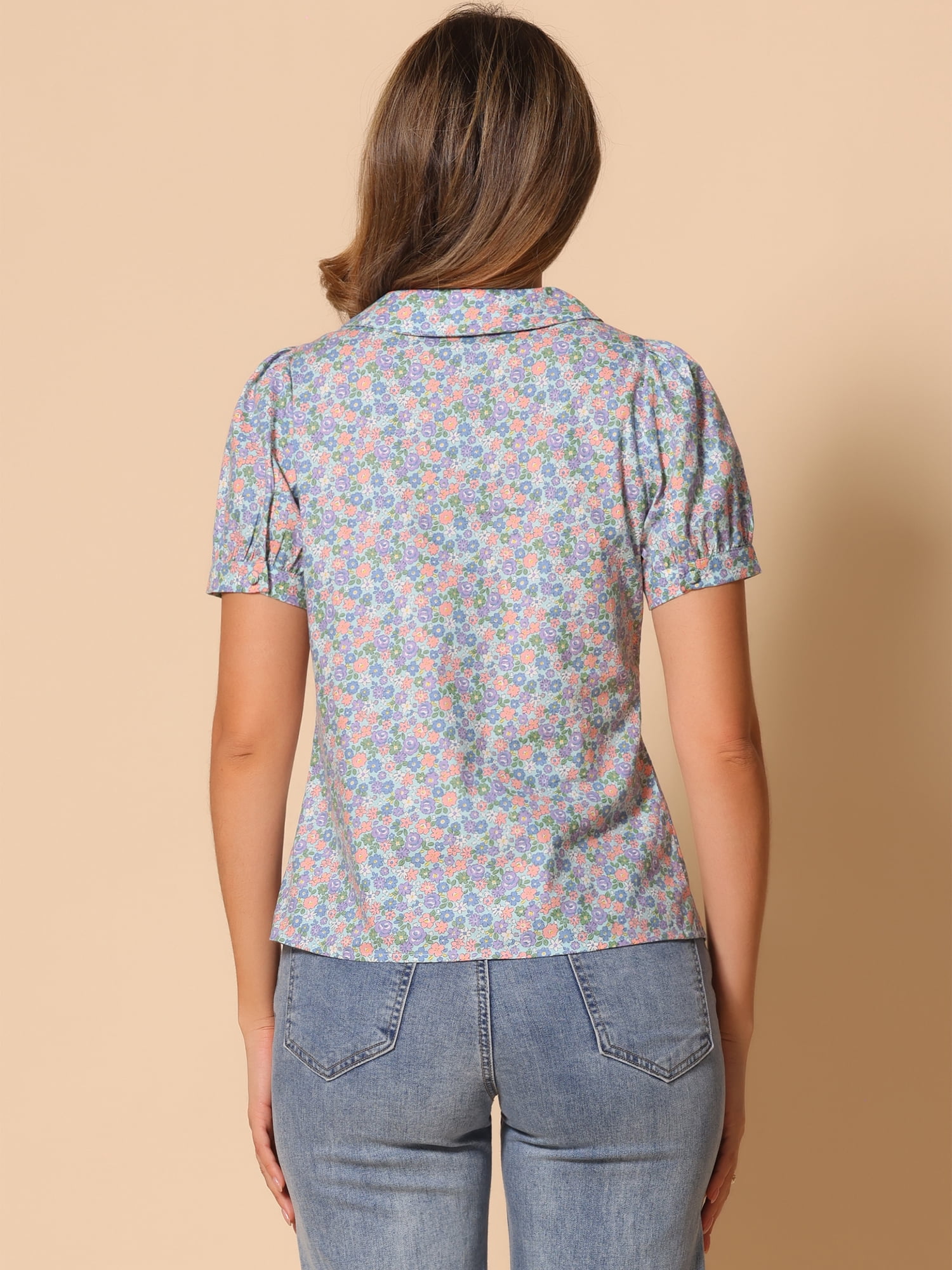 DARING DIVA Women's Turndown Collar Button Down Floral Blouse XS Light Blue