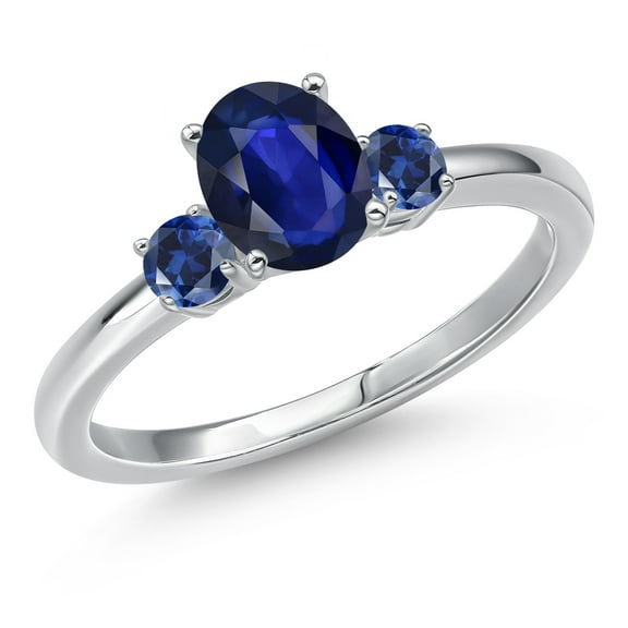 Gem Stone King 14K White Gold Blue Sapphire and Blue Created Sapphire Engagement Ring for Women | 0.85 Cttw | Oval 7X5MM | Gemstone September Birthstone | Size 5