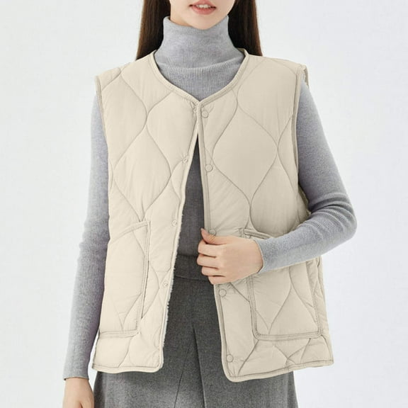 Xdegoge Women's Sherpa Lined Quilted Vest 2025 Fashion Velvet Vest Down Button Up Sleeveless Padded Down Jackets Lightweight Warm Winter Gilet Outerwear with Pockets Plus Size Clothes Beige XXL