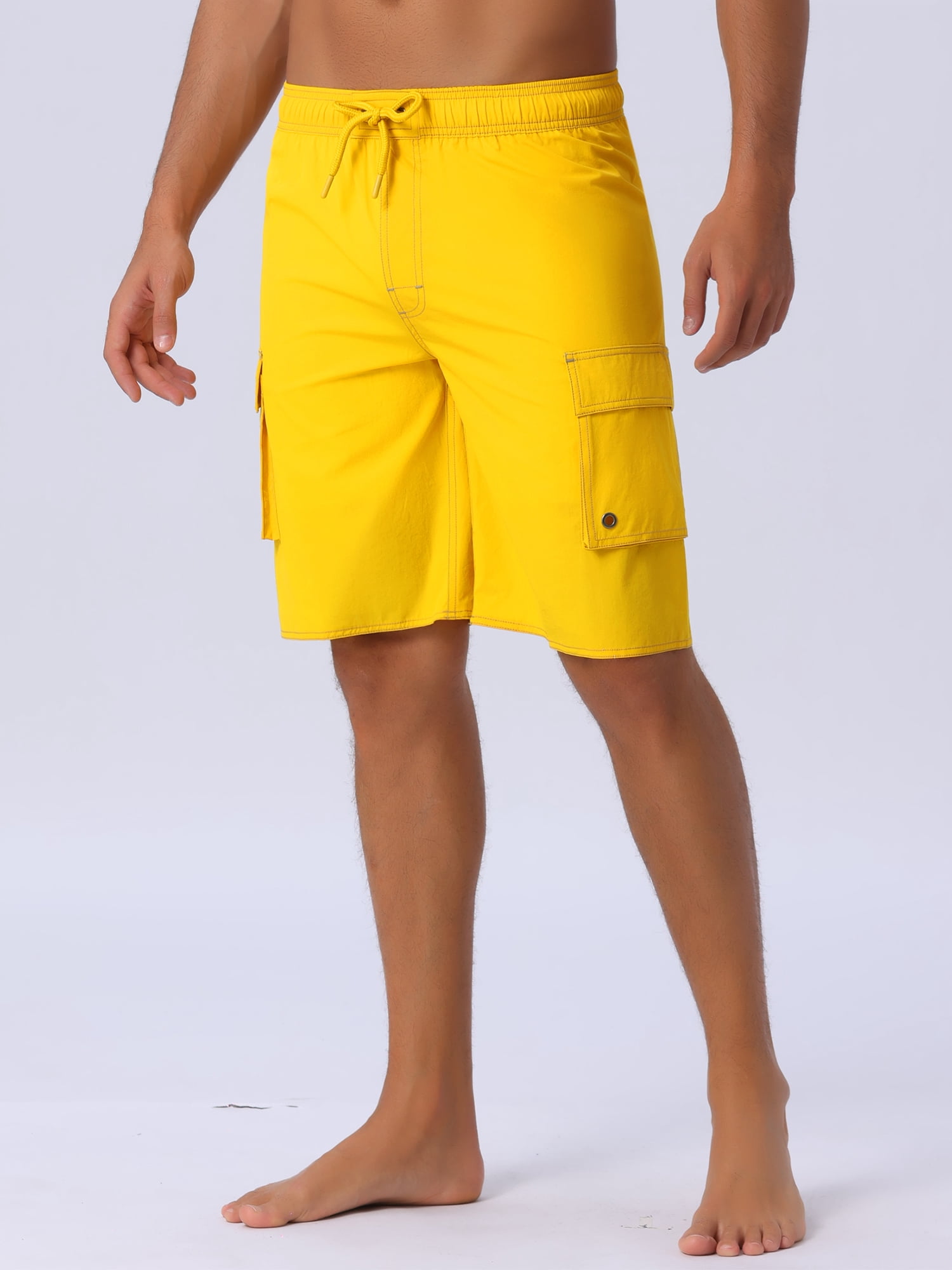 DARING DIVA Men's Solid Color Side Pockets Lining Summer Board Shorts 32 Yellow