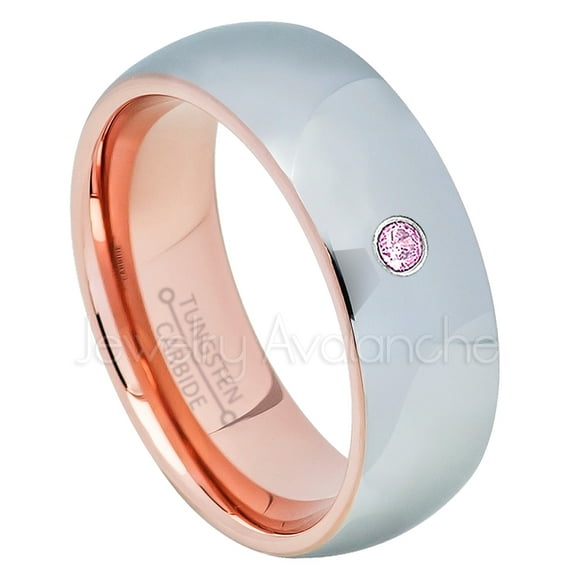 2-Tone Polished Dome Tungsten Ring - 0.07ct Solitaire Pink Tourmaline Ring - Personalized Tungsten Wedding Ring - Custom Made October Birthstone Ring TN740BS