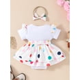 thumbnail image 3 of Baby Girl 2 Piece Summer Set, Short Sleeve Round Neck Bear Patch Dot Print Romper Dress + 3D Bow Headband Infant Toddler Outfits, 3 of 9