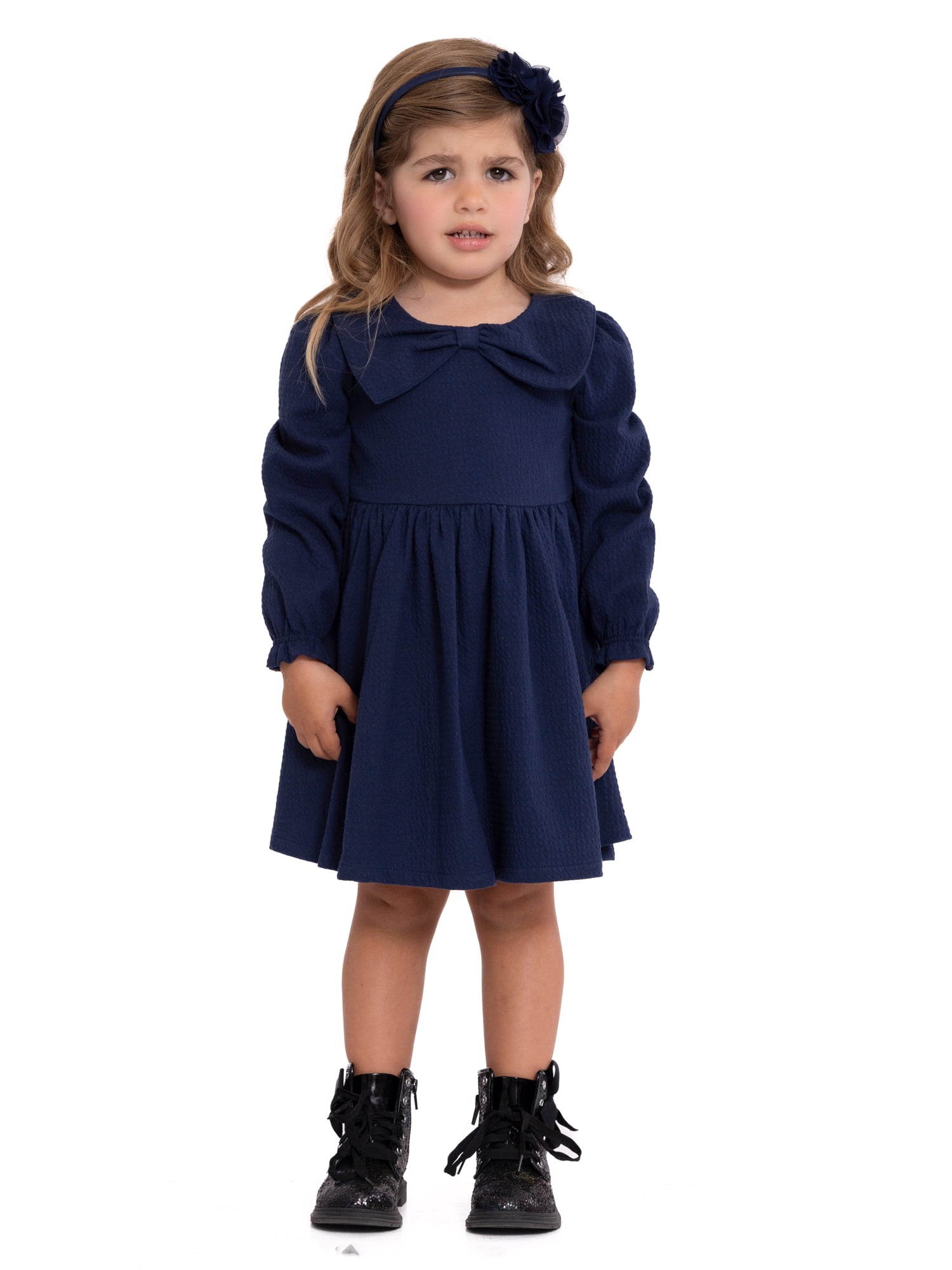 Wonder Nation Toddler Girls Puckered Bow Dress with Long Sleeves, Sizes 12M-5T