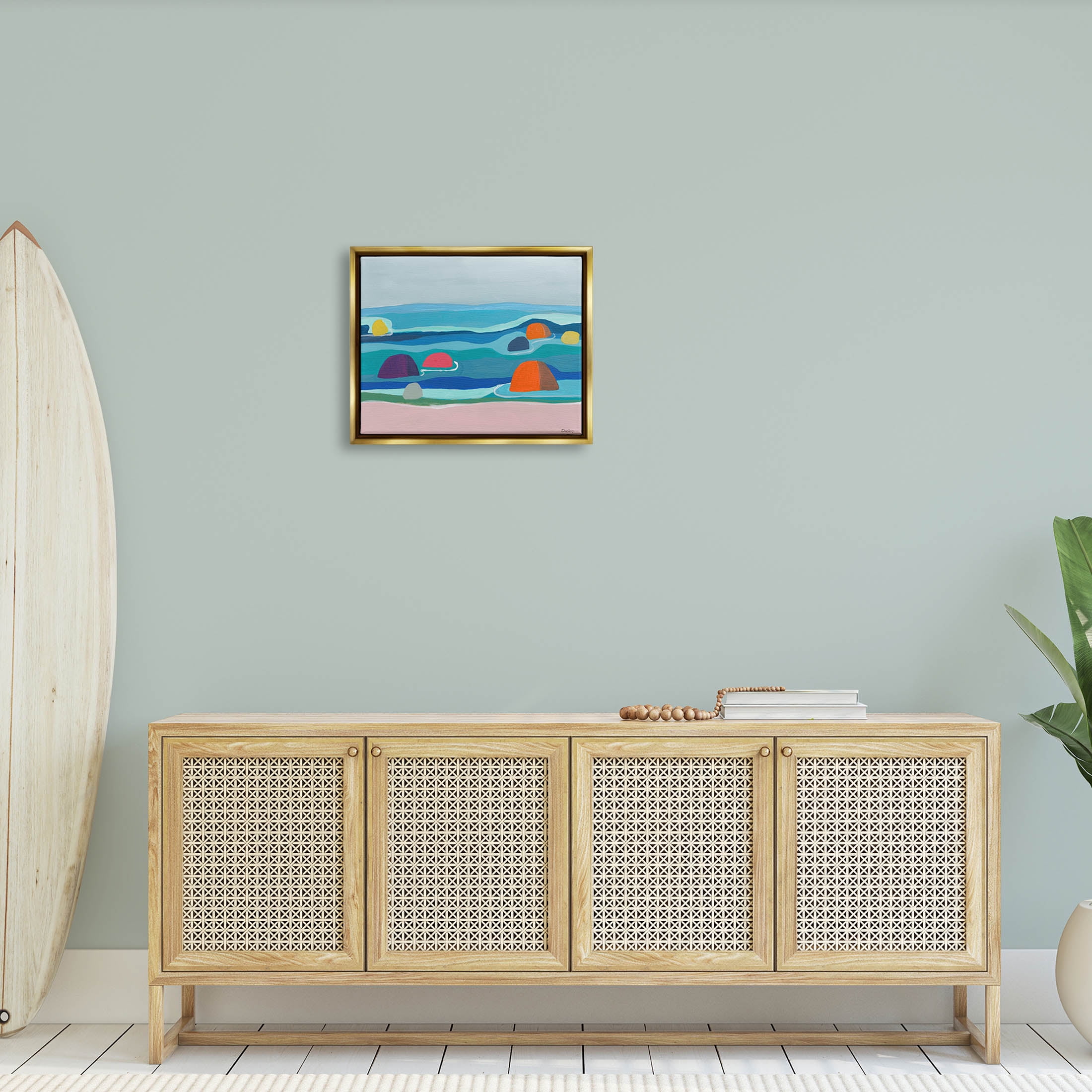 Buoy Floating Ocean Waves Coastal Painting Metallic Gold Framed Art Print Wall Art