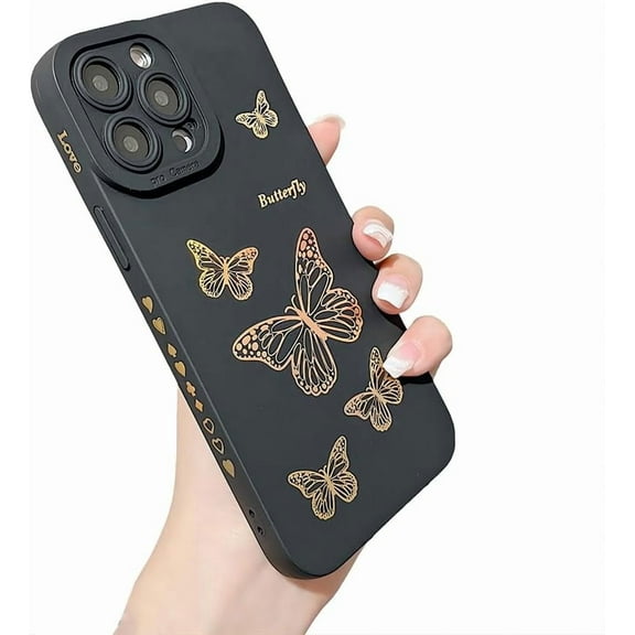 for iPhone Case,Side Print ElectroPlated Butterfly Pattern Camera Lens Protection Shockproof Phone Case (Black,iPhone 11)