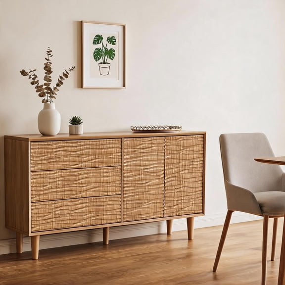 61” Mid Century Modern Fluted Sideboard Buffet Cabinet, 3-Drawer Console Storage Cabinet for Dining Living Room, Teak Brown