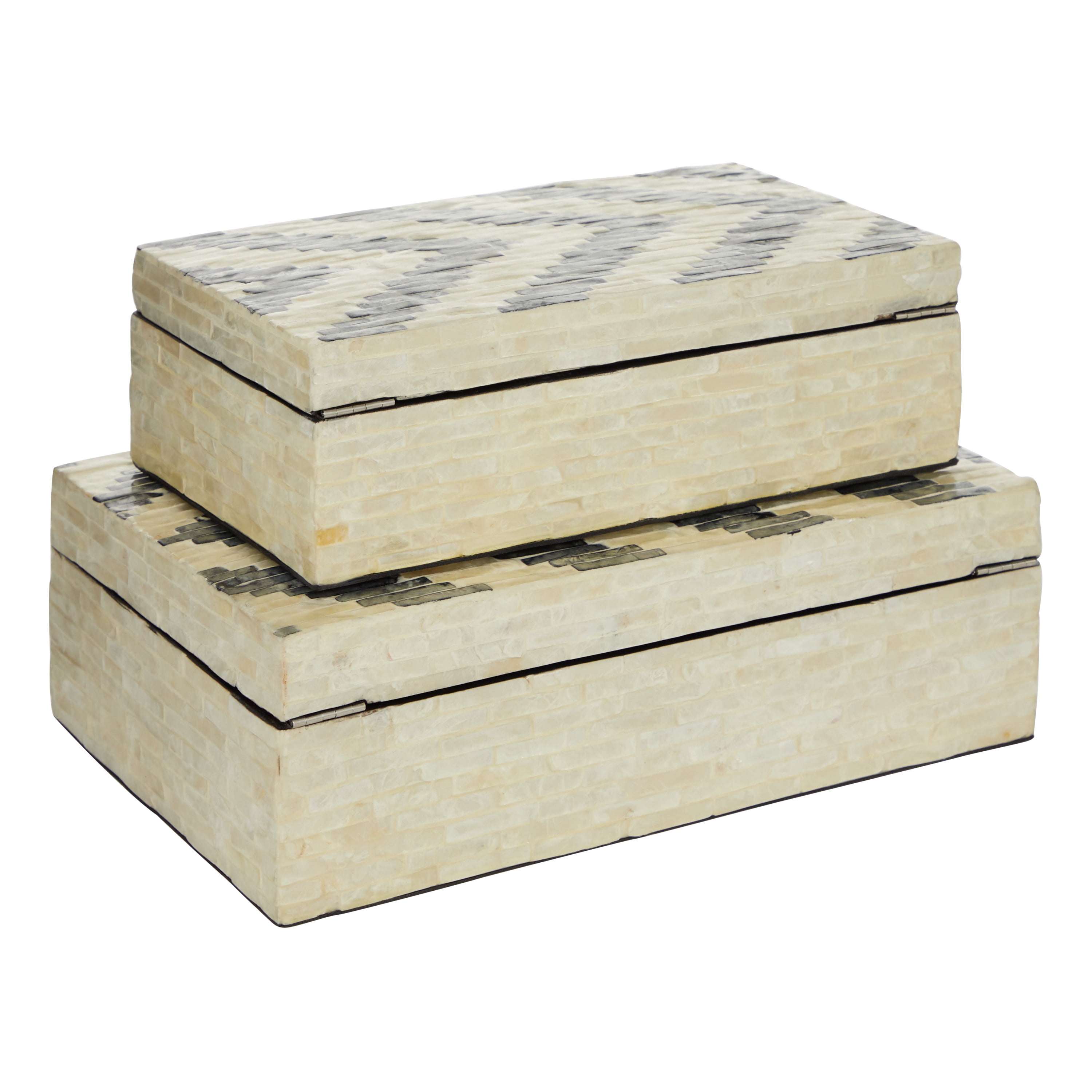 DecMode Handmade Chevron Pattern Cream Mother of Pearl Decorative Box with Hinged Lid, 2 Count