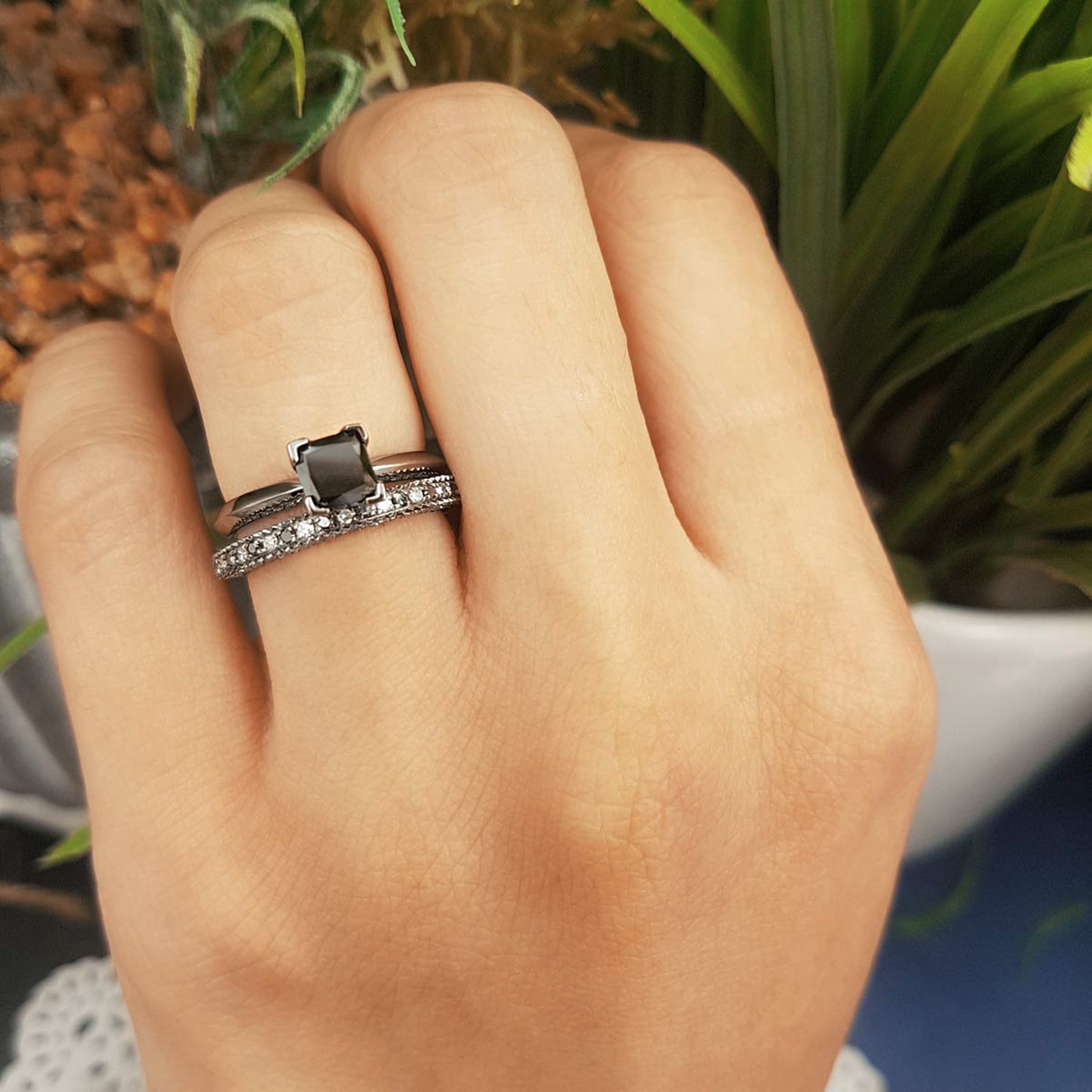 Dazzlingrock Collection Princess & Round Black and White Diamond Wedding Ring Set for Women (1.50 ctw, Color I-J, Clarity I2-I3) in Black Plated 10K White Gold, Size 8