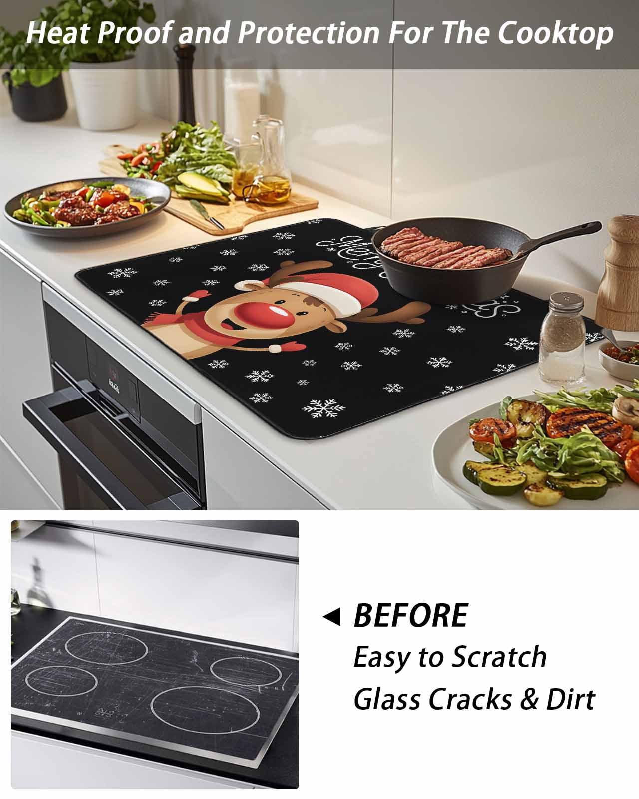 Stove Top Covers for Electric Stove, Merry Christmas Glass Stovetop Cover Protector, Winter Cartoon Xmas Deer Snowflake Induction Cooktop Protector Oven Mat for Kitchen Countertop 31"x24"