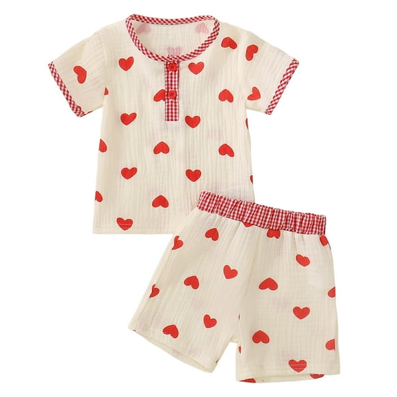Pandaie Toddler Baby Girl Valentine's Day Outfit Short Sleeve Half Button Pajamas Set 2 Piece Summer Lover Heart Pjs Sleepwear 6M-3Y Beige