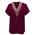 thumbnail image 5 of Women's V Neck Lace Trim Short Sleeve T Shirt Casual Vacation Top Blouse For Spring Summer With Elegant Lace Detail Sleeve Shirt Womens Short Sleeve T Short Sleeves Top Women's Shirts Summer Half, 5 of 6