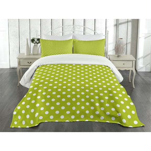 Ambesonne Retro Quilted Bedspread Set 3 Pcs, Lime Vintage Polka Dots, Queen Size, Lime Green and White