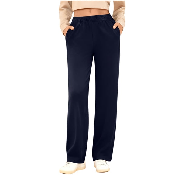 cocolona Womens Solid Color Casual Sweatpants Elastic Waist Straight Wide Leg Workout Gym Running Pants with Pockets