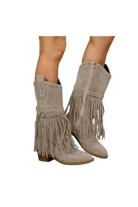 Women's Tassel Wide Mid Calf Western Cowgirl Cowboy Boots Boho Fringe Pointed Toe Heeled Knight Riding Boots