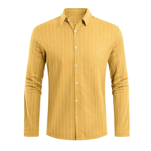 Mens Shirt Adult Male Button down Pajama Shirt Mens Button Down Long Sleeve Shirts Striped Dress Shirts for Men Work Business Cotton Clothes Yellow M