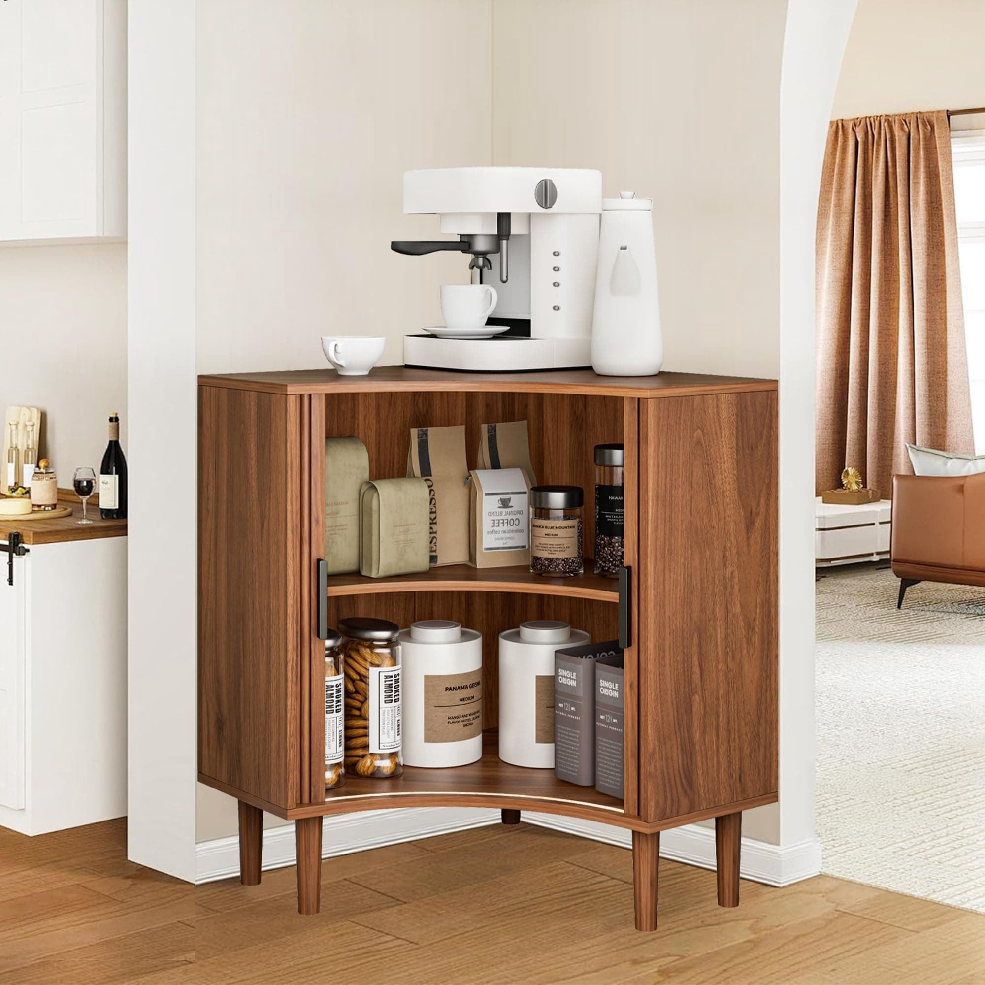 Modern Fluted Corner Cabinet with Sliding Doors, Small Wood Corner Storage for Small Space, Walnut