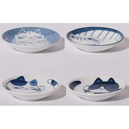 Small Plate Set Ceramic Cute Cats Design Appetizer Dessert Sushi Sauce Dishes, 3.94 x 0.8 Inches, Set of 4