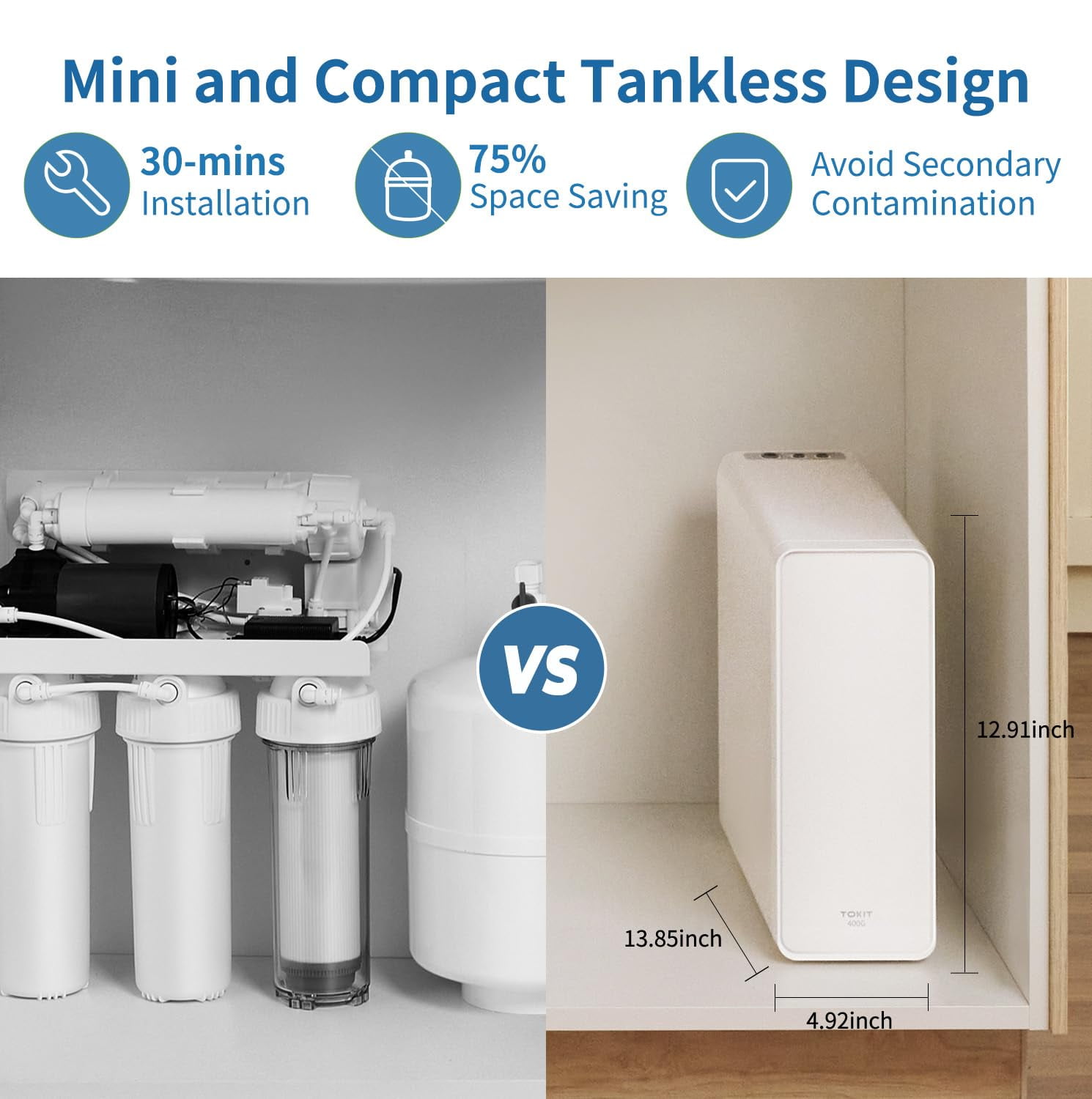 TOKIT U1 SE Under Sink Reverse Osmosis Water Filter System, 400 GPD, 2:1 Pure to Waste, Tankless, NSF/ANSI 42 & 58 Certified