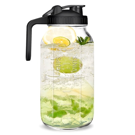 JUNLIN Glass Pitcher,Glass Mason Jar Pitcher with Lid & Spout, 64 oz (2 Quart) Leak-proof Wide Mouth Jug for Cold Brew Coffee, Iced Beverage, Sun Tea, Juice.