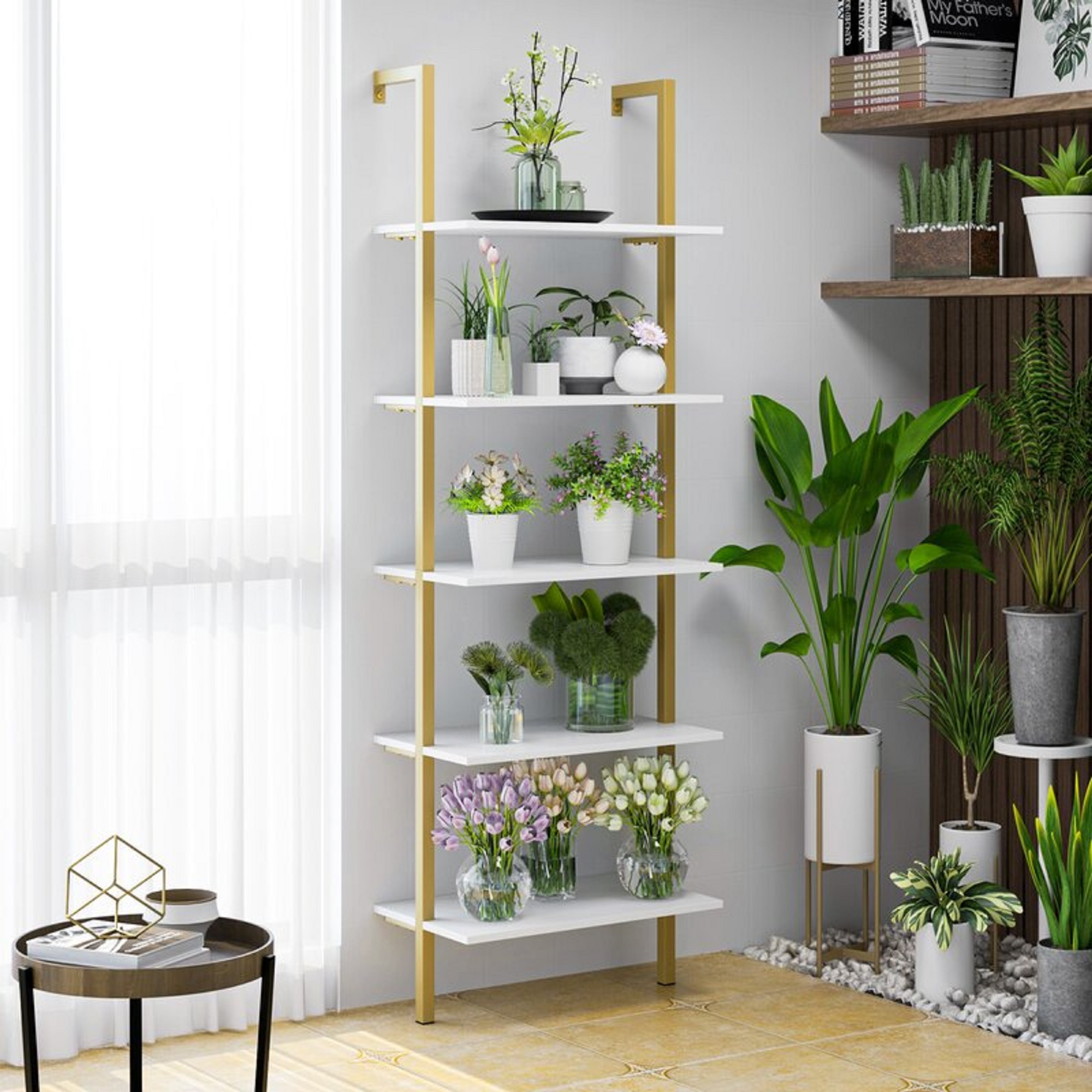 Homfa Wall-Mounted 5-Tier Ladder Shelves, White with Gold photo 3