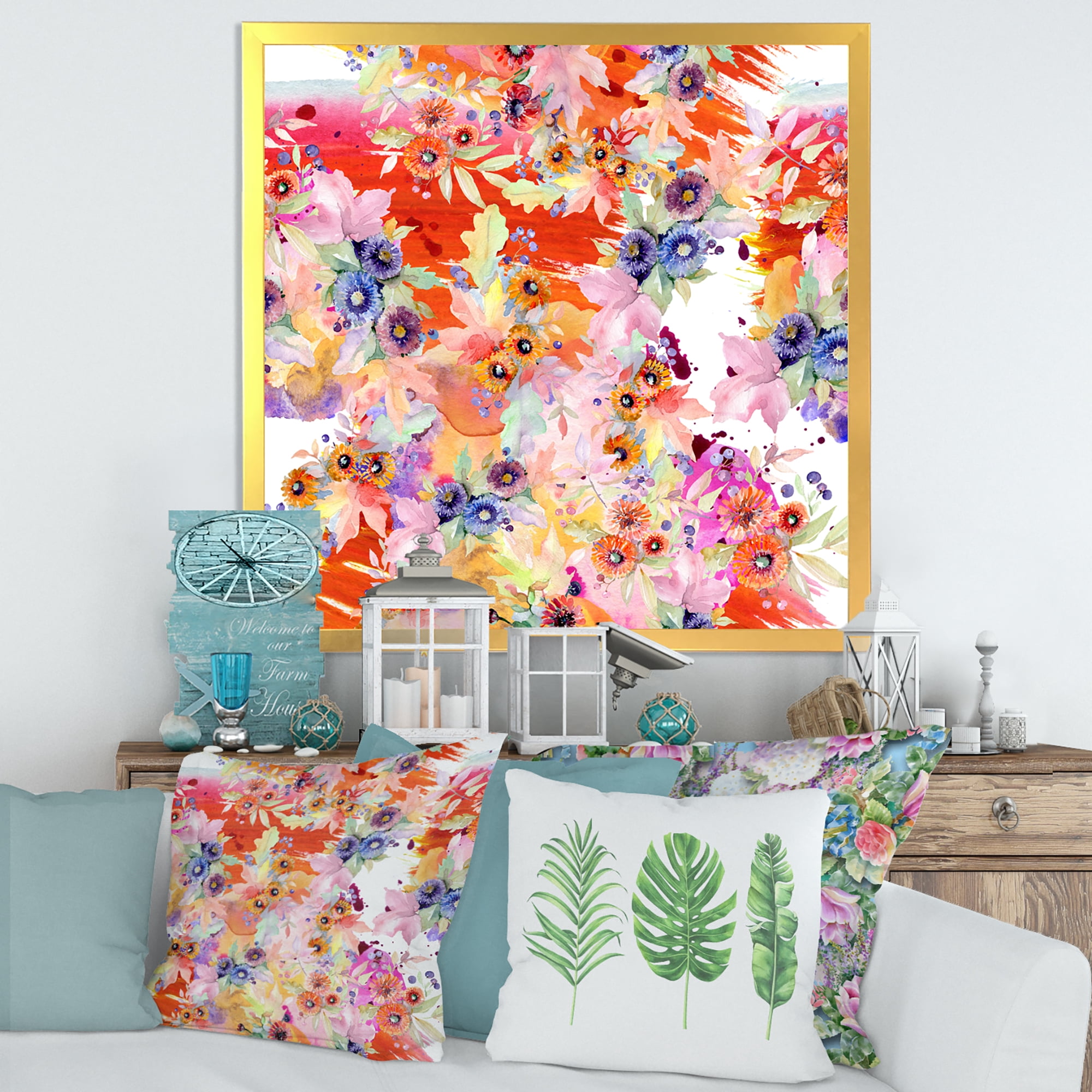 Wildflowers and Vibrant Wild Spring Leaves VI 30 in x 30 in Framed Painting Canvas Art Print, by Designart