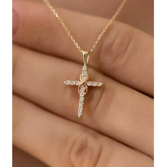 Women's Pretty Cross Pendant Chain 14K Yellow Gold Plated 1Ct Round Cut Diamond