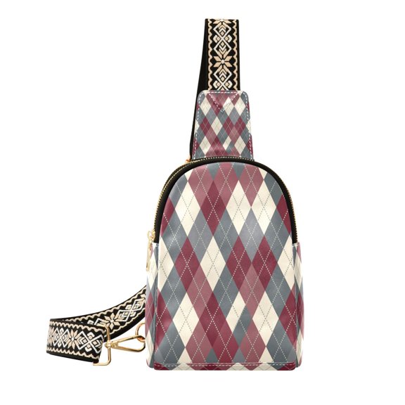 Stylish Leather Crossbody Bag 8.46x5.9x2.16In Easy To Carry Multi-Purpose Travel Hiking Shopping Fashion Maroon Argyle Interlock