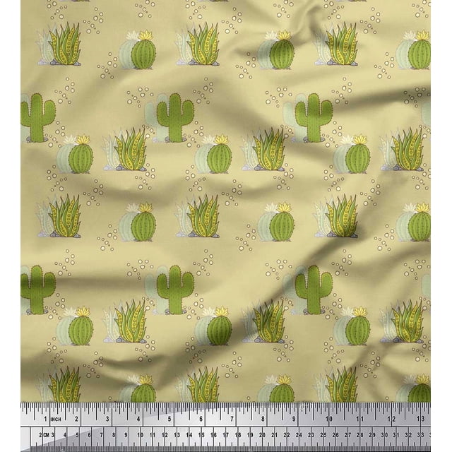 Soimoi Beige Cotton Cambric Fabric Sea Plant & Cactus Tree Printed Fabric 1 Yard 56 Inch Wide