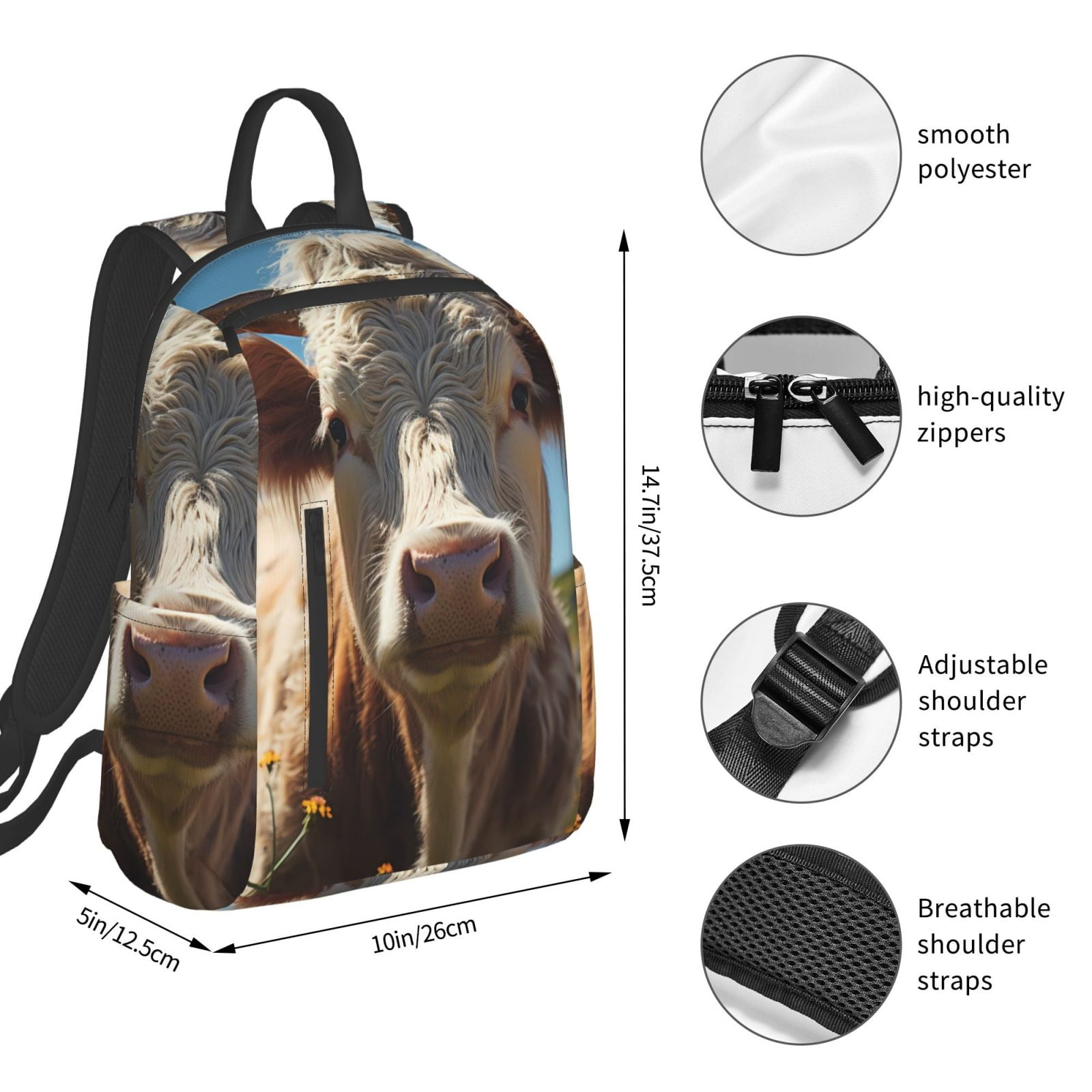 Xecao Prairie Flower Cow print Backpack For women men Aesthetic Lightweight Travel Daypack Simple Cute Backpack For Bookbag