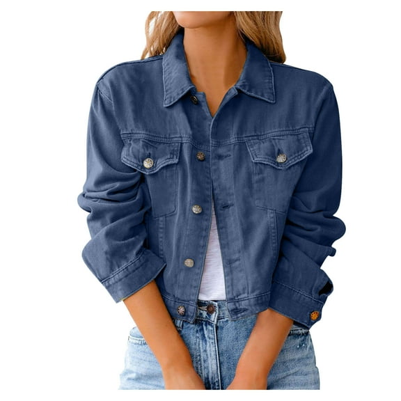 Dtydtpe 2024 Clearance Sales, Jackets for Women, Women Vintage Button Down Distressed Short Denim Jean Jacket Coat with Pocket Jean Jacket Women Dark Blue