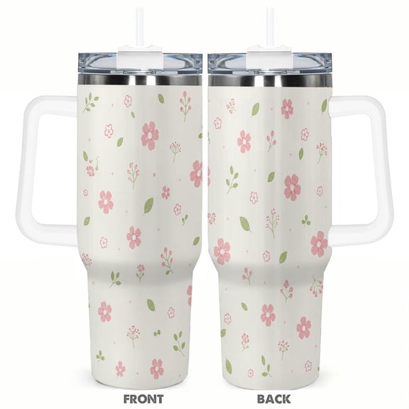 40oz Delicate Pink Floral Tumbler with Handle Stainless Steel Insulated Travel Coffee Cup Gift