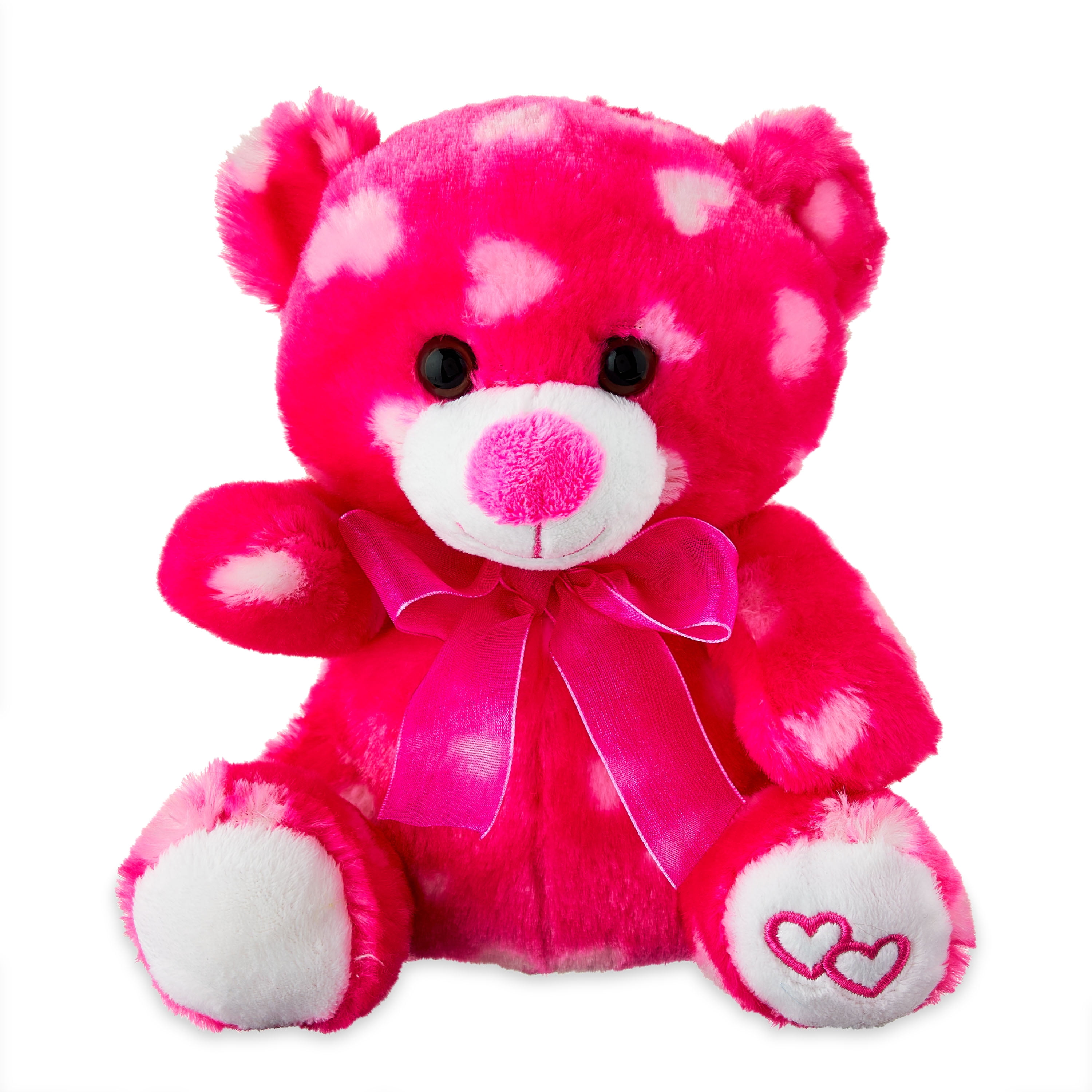 Way to Celebrate! Valentine’s Day 8in Soft Expression Plush Teddy Bear, Hot Pink with Hearts