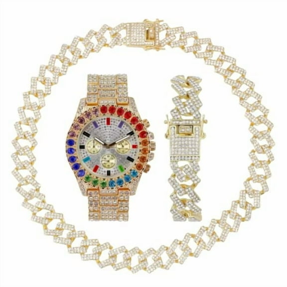 CHARLES RAYMOND Iced Out Mens Color on Blast Watch Single or Combo Sets with Blinged Out Bracelets Set. Iced Out Colourful Rainbow Flame Collection (ST10327CO GLD ZZ Set)