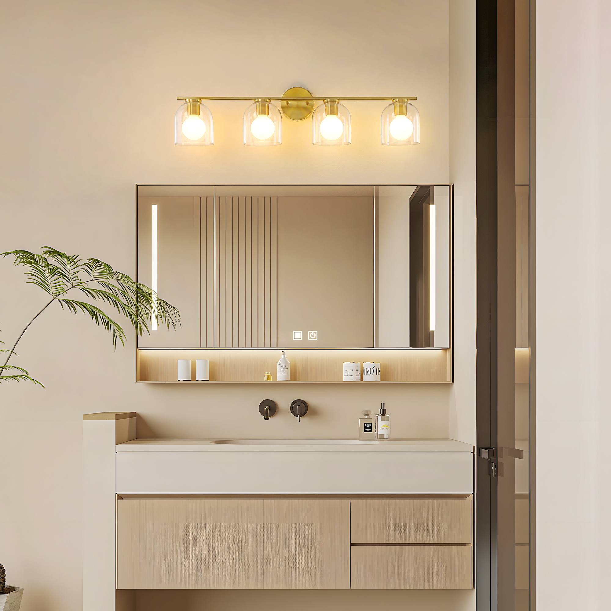 Modern Bathroom Light Fixtures, 4 Light Vanity Lights Over Mirror, Gold Wall Lamp with Clear Glass Shade for Living Room Cabinet Bedroom Porch