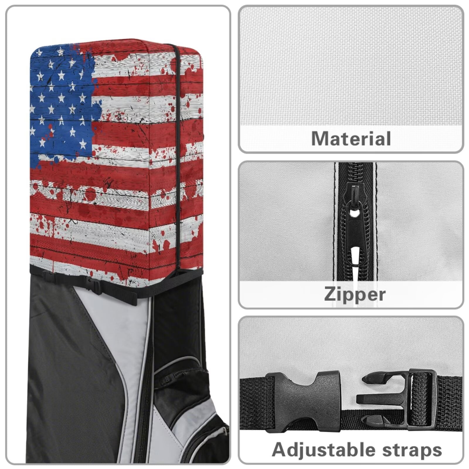 Chririnla American Flag Hood Golf Bag Cover Waterproof with Snap Button, Dust & Sun Protection for Clubs Universal Fit for Most Stand Bags, Cart Bags & Tour Bags